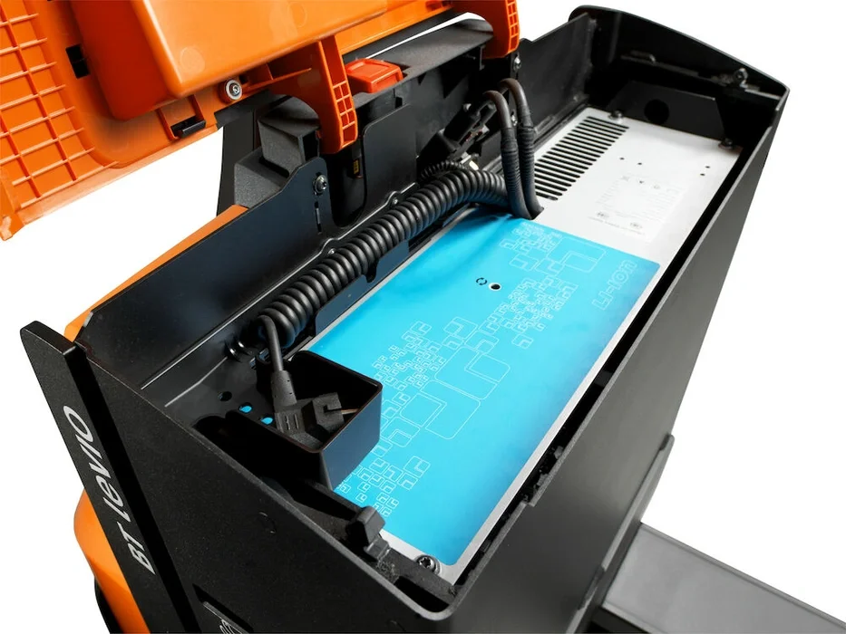 BT Levio LWE160 powered pallet truck, electric walkie low-lifter. Details photo of battery compartment. 