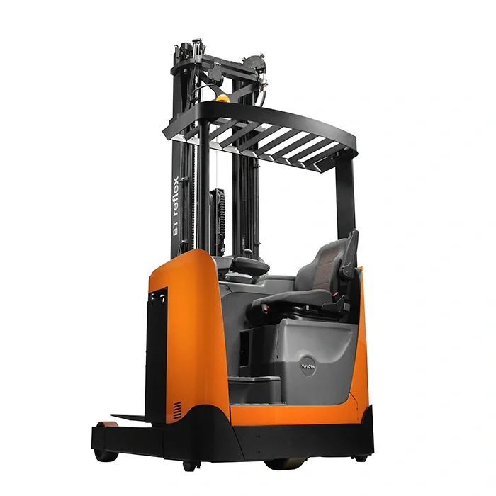 BT Reflex RRE160B reach truck. Product photo from the front at an angle. 