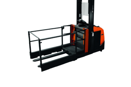 Product photo close-up of walk-through section of forklift.