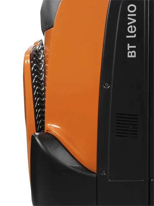 BT Levio powered pallet truck, electric low-lifter with platform. Details photo of platform flipped up. 