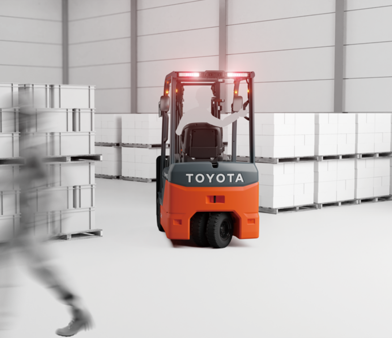 Illustration of Toyota 8FBE-series electric forklift reversing with people close by