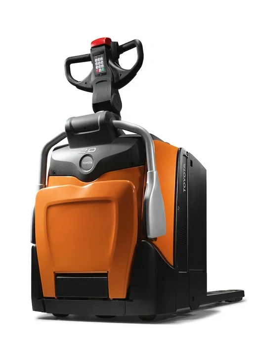 BT Levio LPE200 powered pallet truck, electric low-lifter with platform. Product photo taken from the back at an angle.