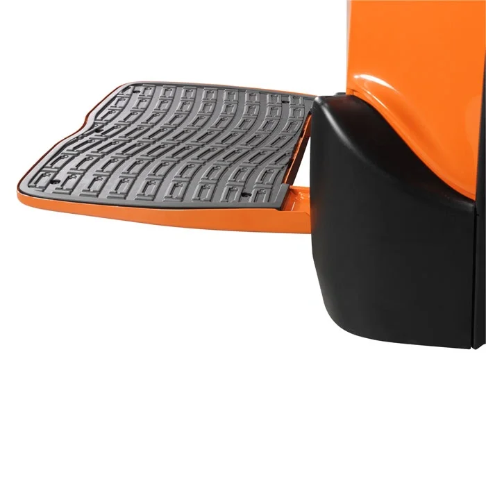 BT Levio LPE200 powered pallet truck, electric low-lifter with platform. Details photo taken of platform while flipped down. 