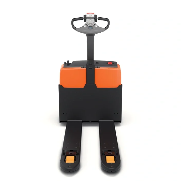 BT Levio LWI160 powered pallet truck, electric walkie low-lifter. Product photo taken from the front.