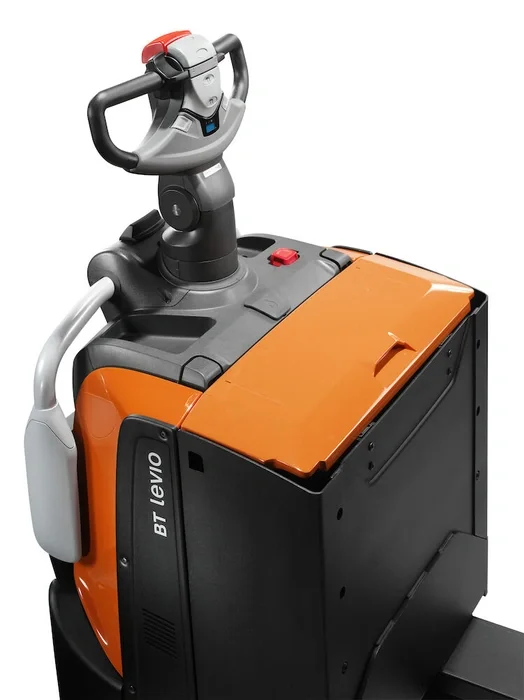 BT Levio LPE200B powered pallet truck, electric low-lifter. Details photo of battery compartment.