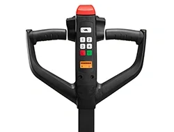 BT Tyro LHE150 powered pallet truck, electric low-lifter. Detail photo of handle bar.