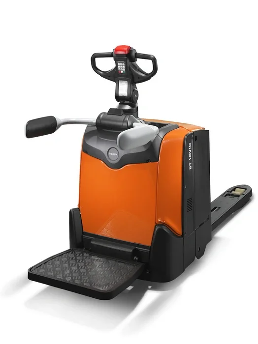 BT Levio LPE200B powered pallet truck, electric low-lifter with platform. Product photo taken from the back at an angle. 
