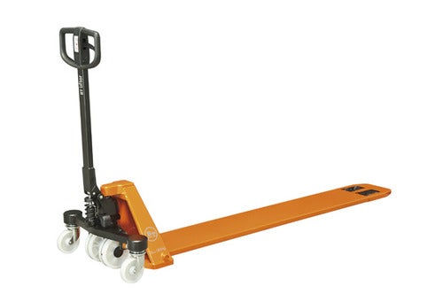 Toyota Lifter LHM100ULF, single fork manual hand pallet truck. Product photo from the back at an angle.