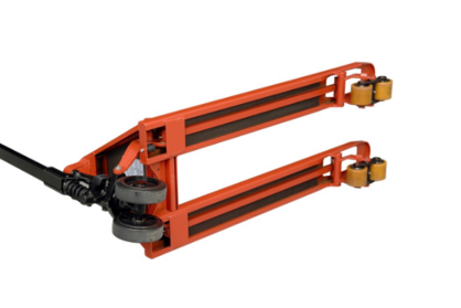 Product photo of hand pallet truck laid on side to showcase underside.