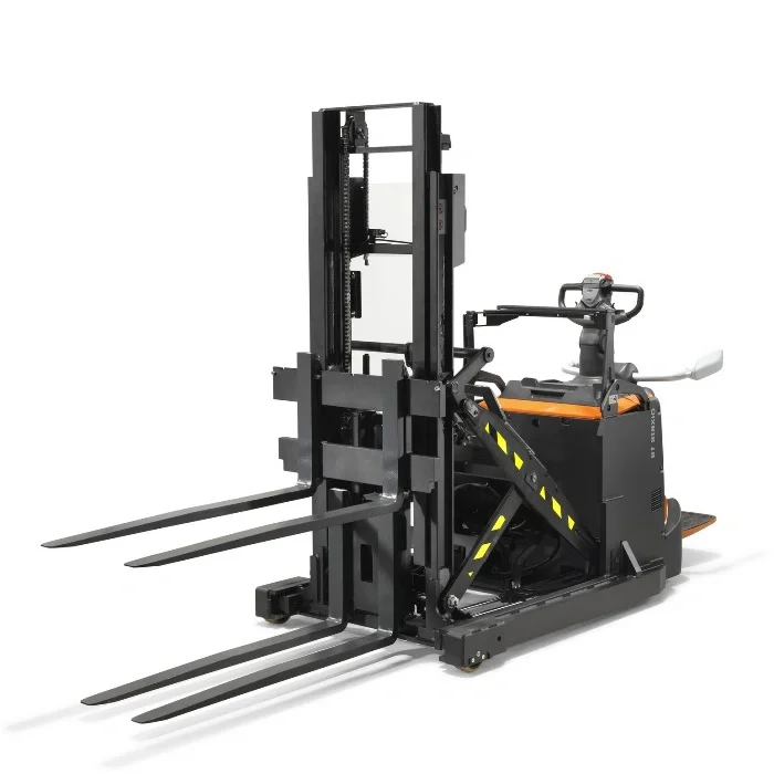 BT Staxio SPE120XR, electric stacker with reach mast, platform, and side guards. Product photo taken from the front at an angle.