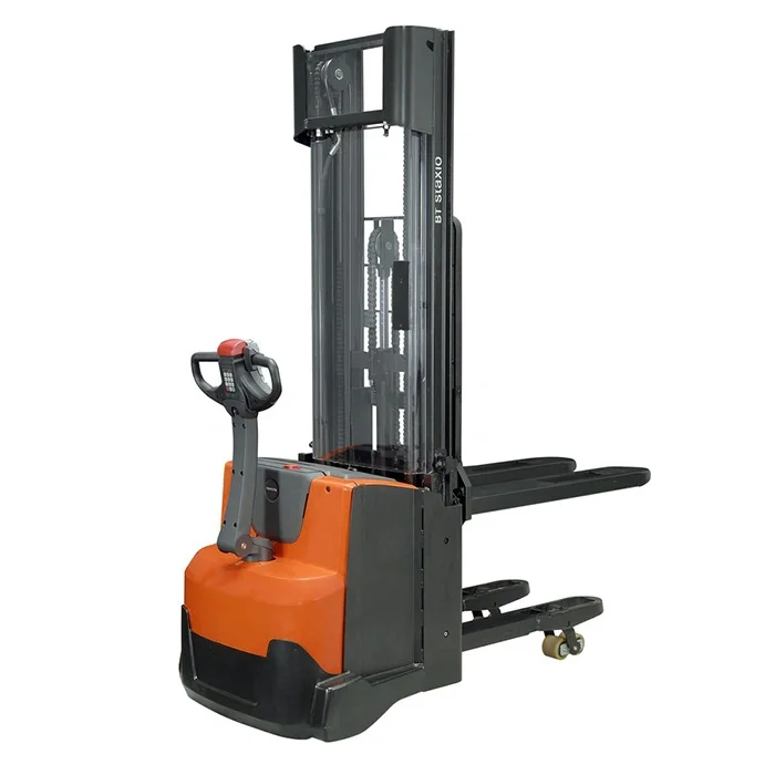 BT Staxio SWE140L electric walkie stacker with elevating support arms. Product photo taken from the back at an angle.  