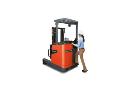 Product photo showing operator entering forklift. 