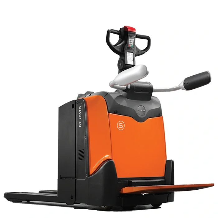 BT Levio LPE200 powered pallet truck, electric low-lifter with platform. Product photo taken from the back at an angle. 