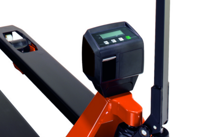 Product photo close-up of hand pallet truck scale unit. 