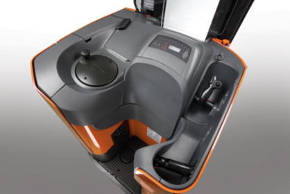 Product photo close-up of forklift driving compartment. 