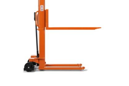 Product photo taken from the side of hand pallet truck with mast and forks raised. 