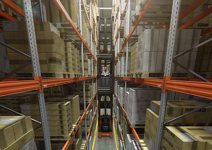 BT Vector VCE150A, man up, very narrow aisle truck. Application photo in warehouse environment.