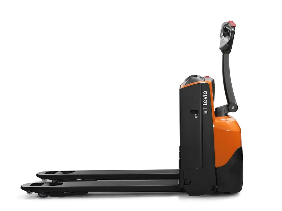BT Levio LWE160 powered pallet truck, electric walkie low-lifter. Product photo taken from the side.  