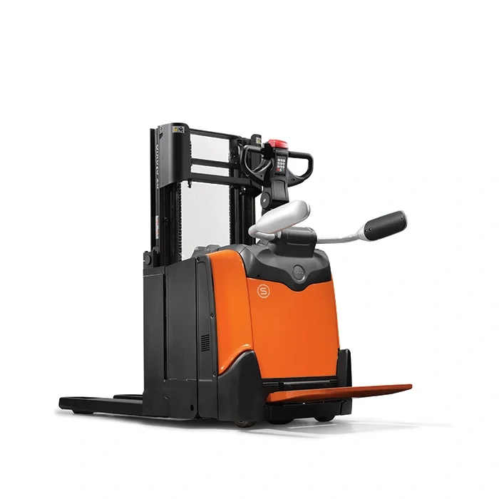 BT Staxio SPE200DN, electric stacker with double load handling, platform, and side guards. Product photo taken from the back at an angle.