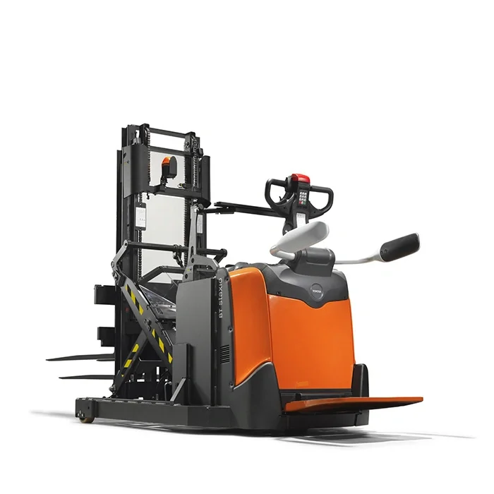 BT Staxio SPE120XRD, electric stacker with reach mast, double load handling, platform, and side guards. Product photo taken from the back at an angle.