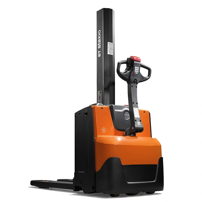 BT Staxio SWE080L electric walkie stacker with elevating support arms. Product photo taken from the back at an angle. 