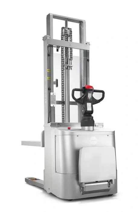 Toyota BT Staxio SWE120I electric walkie stacker with inox treatment and platform. Product photo taken from the back at an angle.