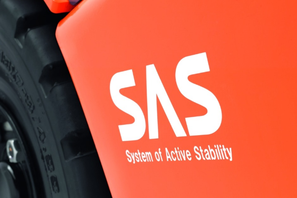 Close-up of SAS logotype printed on the side of a forklift. 