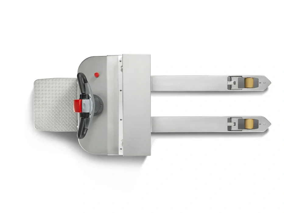 BT Levio LPE200I powered pallet truck, electric low-lifter with platform. Product photo taken from above. 
